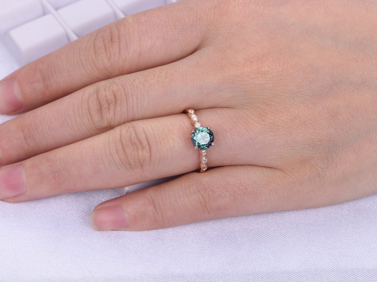 Art Deco Round Alexandrite Diamond Engagement Ring 14K Rose Gold - Lord of Gem Rings
