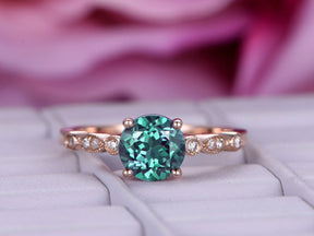 Art Deco Round Alexandrite Diamond Engagement Ring 14K Rose Gold - Lord of Gem Rings