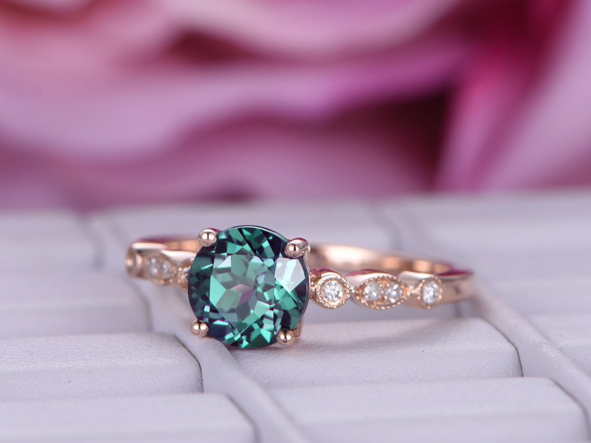 Art Deco Round Alexandrite Diamond Engagement Ring 14K Rose Gold - Lord of Gem Rings