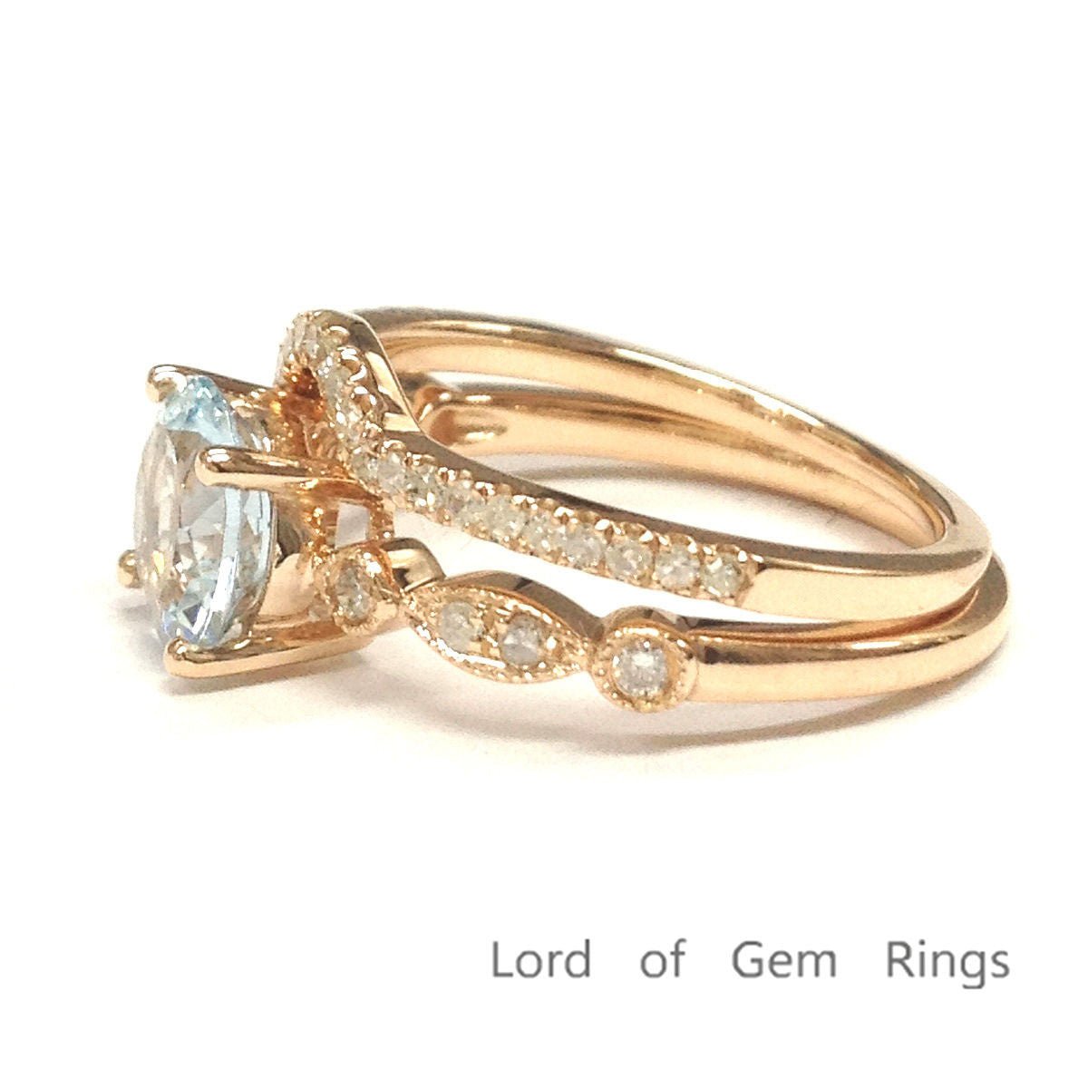 Art Deco Round Aquamarine Ring Contour Diamond Bridal Set - Lord of Gem Rings