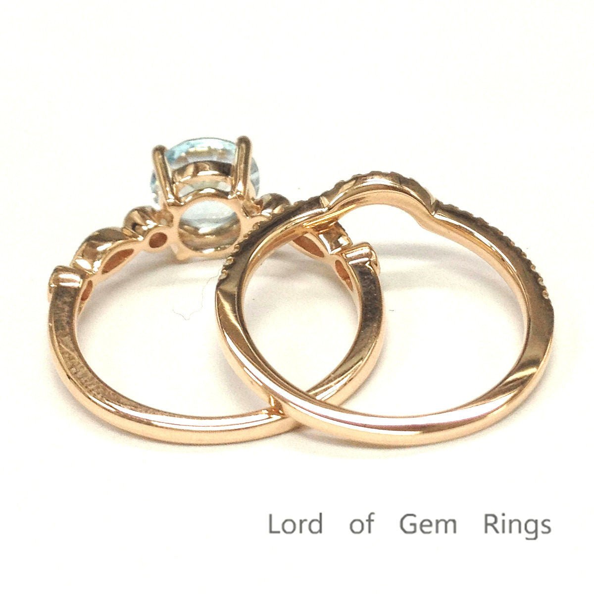 Art Deco Round Aquamarine Ring Contour Diamond Bridal Set - Lord of Gem Rings