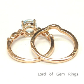 Art Deco Round Aquamarine Ring Contour Diamond Bridal Set - Lord of Gem Rings