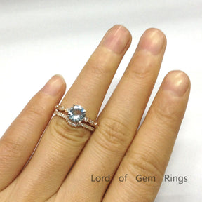 Art Deco Round Aquamarine Ring Contour Diamond Bridal Set - Lord of Gem Rings