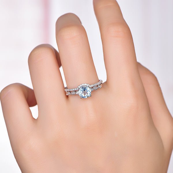 Art Deco Round Aquamarine Ring Contour Diamond Bridal Set - Lord of Gem Rings