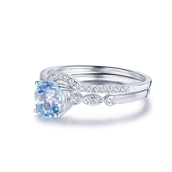 Art Deco Round Aquamarine Ring Contour Diamond Bridal Set - Lord of Gem Rings