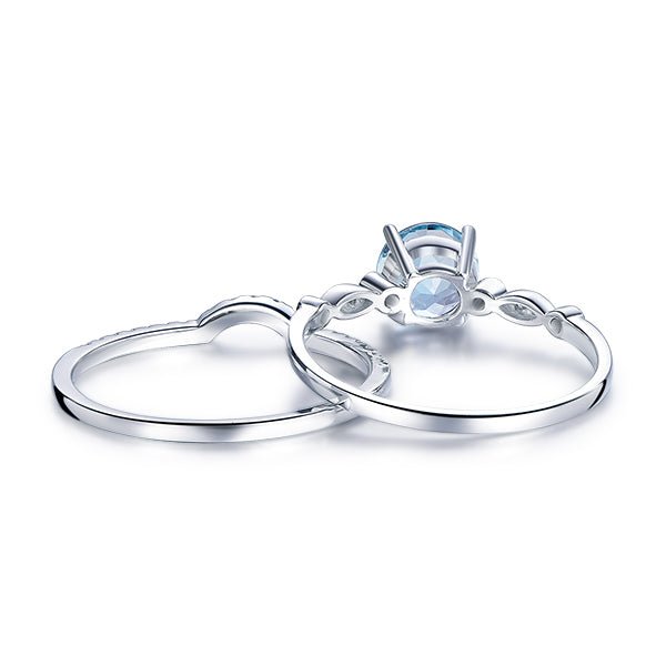 Art Deco Round Aquamarine Ring Contour Diamond Bridal Set - Lord of Gem Rings