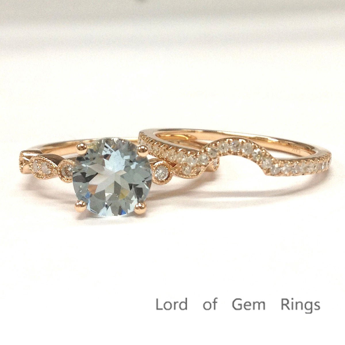 Art Deco Round Aquamarine Ring Contour Diamond Bridal Set - Lord of Gem Rings