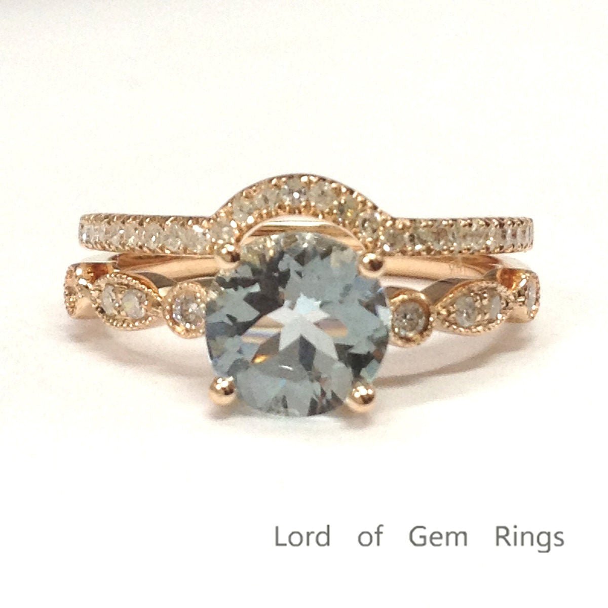 Art Deco Round Aquamarine Ring Contour Diamond Bridal Set - Lord of Gem Rings