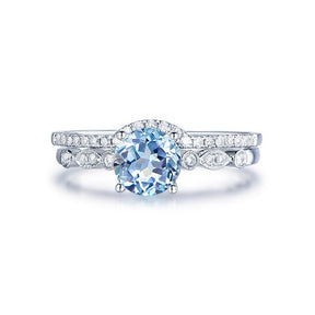 Art Deco Round Aquamarine Ring Contour Diamond Bridal Set - Lord of Gem Rings
