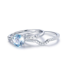 Art Deco Round Aquamarine Ring Contour Diamond Bridal Set - Lord of Gem Rings
