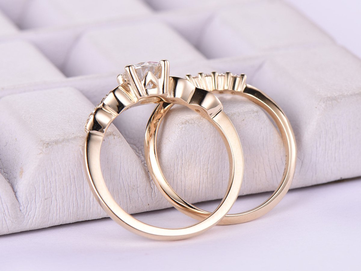 Art Deco Round Moissanite Bridal Set with Contour Five - Stone Band - Lord of Gem Rings