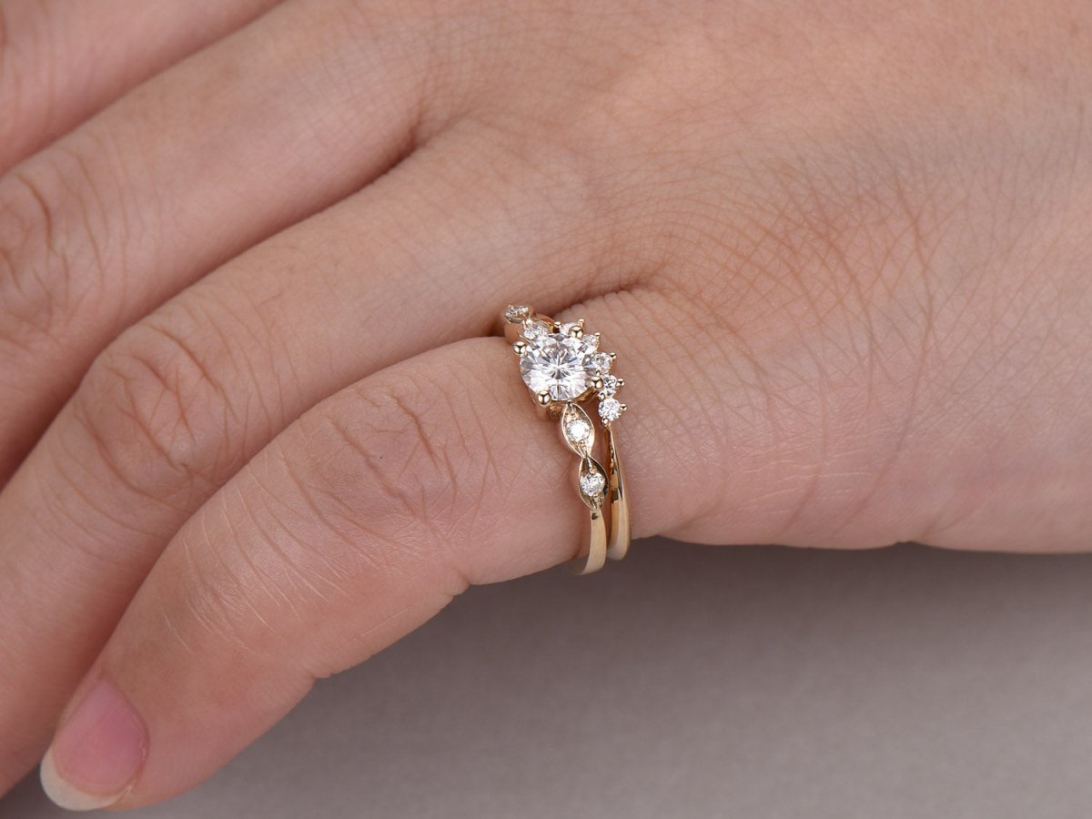 Art Deco Round Moissanite Bridal Set with Contour Five - Stone Band - Lord of Gem Rings