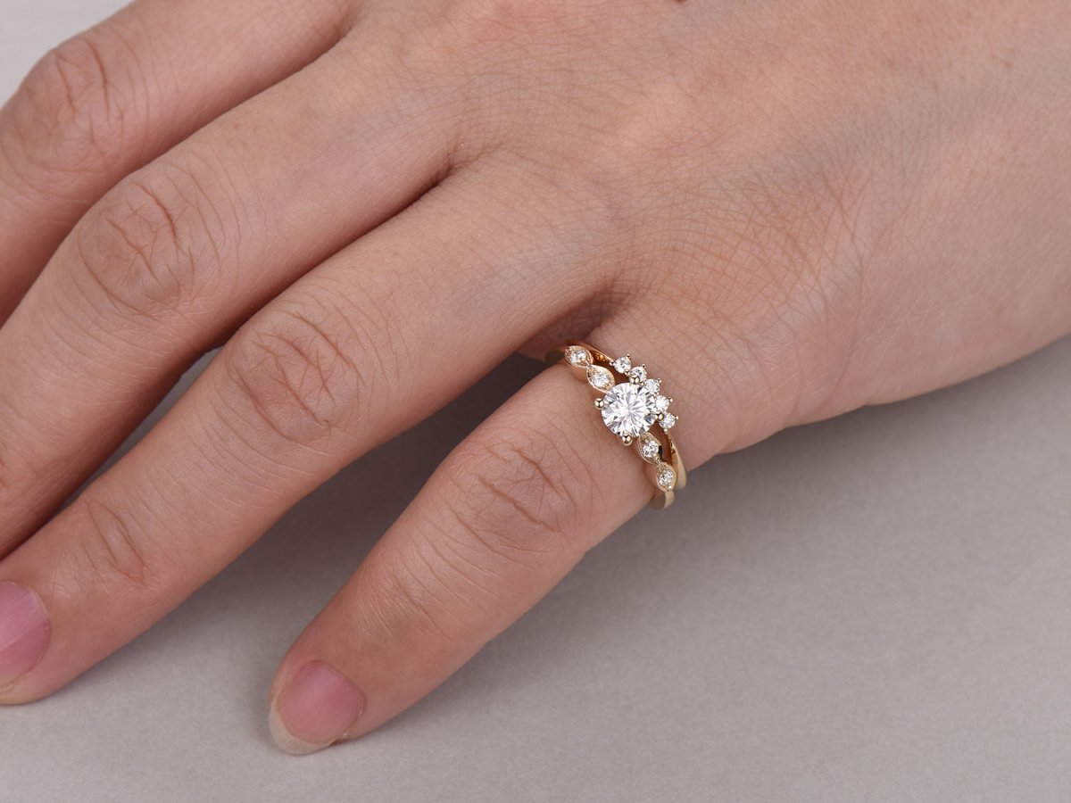 Art Deco Round Moissanite Bridal Set with Contour Five - Stone Band - Lord of Gem Rings