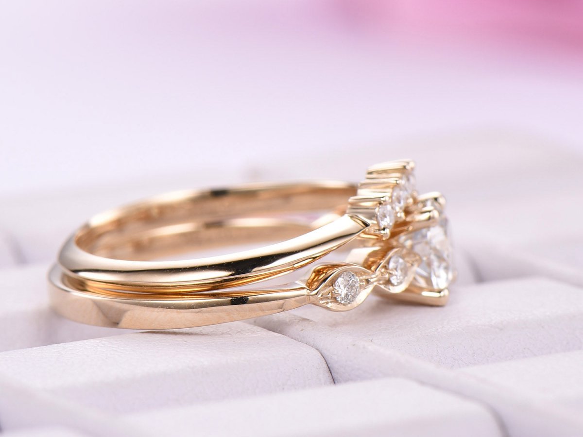 Art Deco Round Moissanite Bridal Set with Contour Five - Stone Band - Lord of Gem Rings