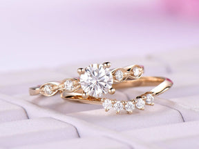 Art Deco Round Moissanite Bridal Set with Contour Five - Stone Band - Lord of Gem Rings