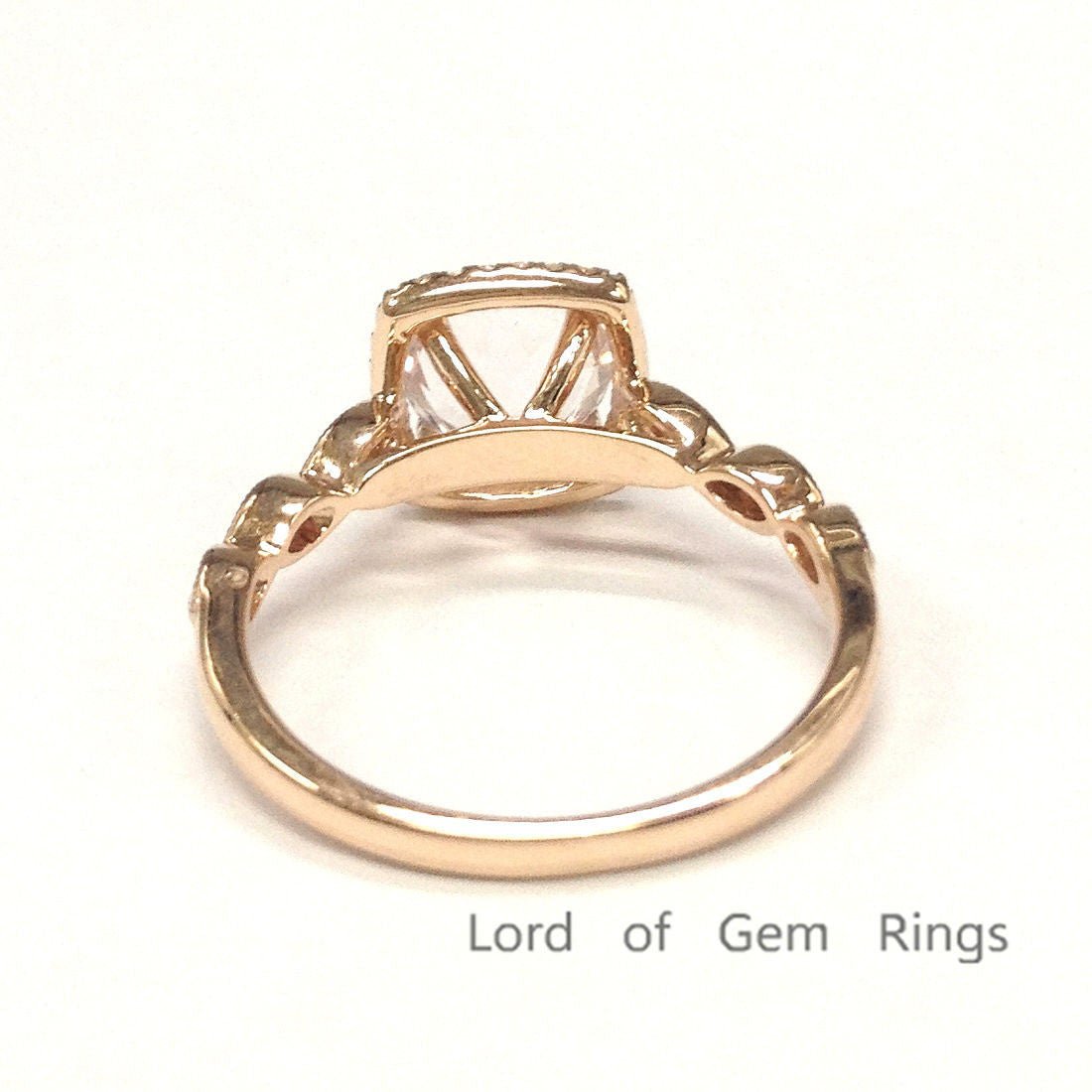 Art Deco Round Morganite Engagement Ring Diamond Cushion Halo 14K Rose Gold - Lord of Gem Rings