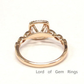 Art Deco Round Morganite Engagement Ring Diamond Cushion Halo 14K Rose Gold - Lord of Gem Rings