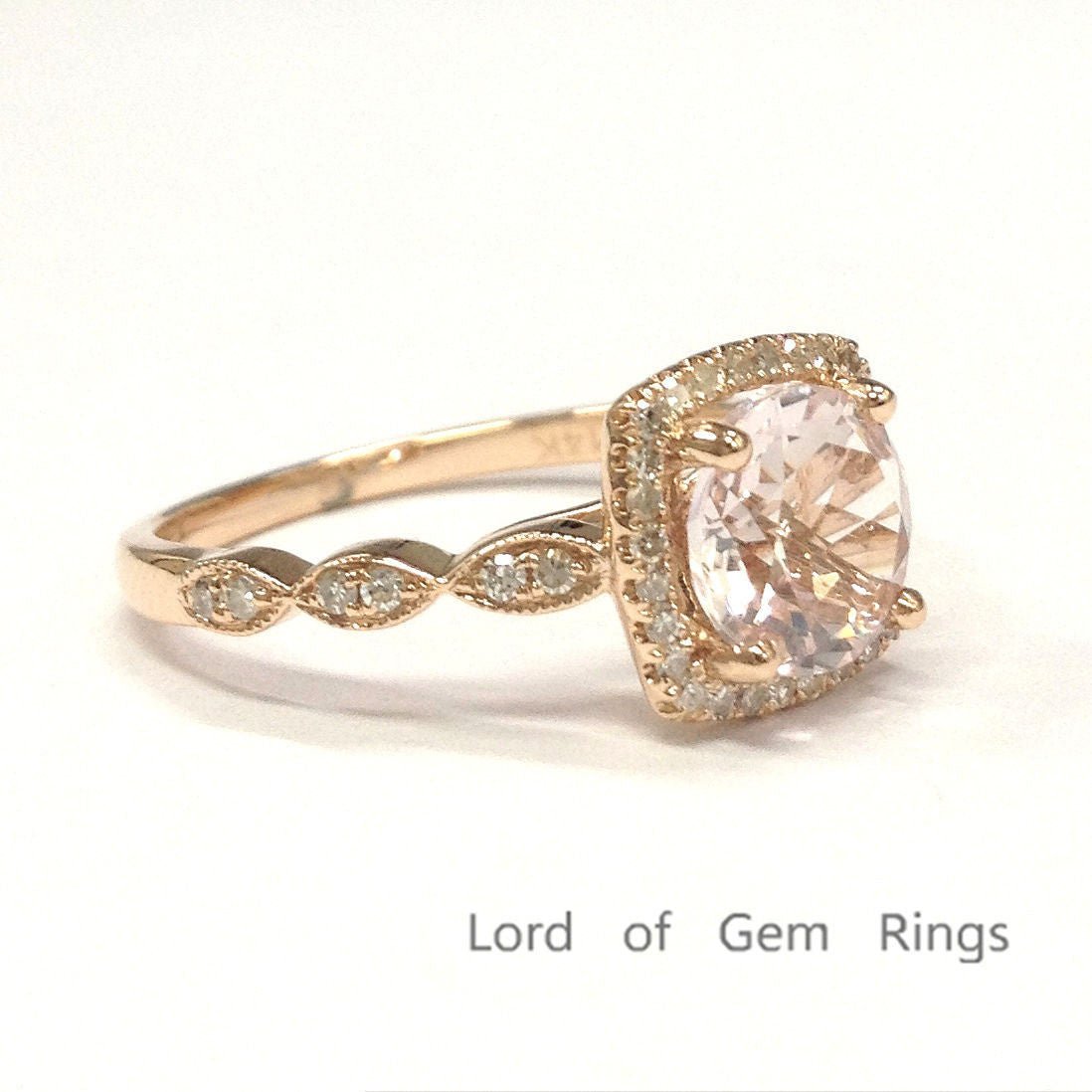 Art Deco Round Morganite Engagement Ring Diamond Cushion Halo 14K Rose Gold - Lord of Gem Rings