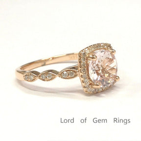 Art Deco Round Morganite Engagement Ring Diamond Cushion Halo 14K Rose Gold - Lord of Gem Rings