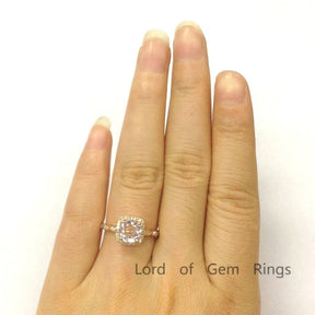 Art Deco Round Morganite Engagement Ring Diamond Cushion Halo 14K Rose Gold - Lord of Gem Rings