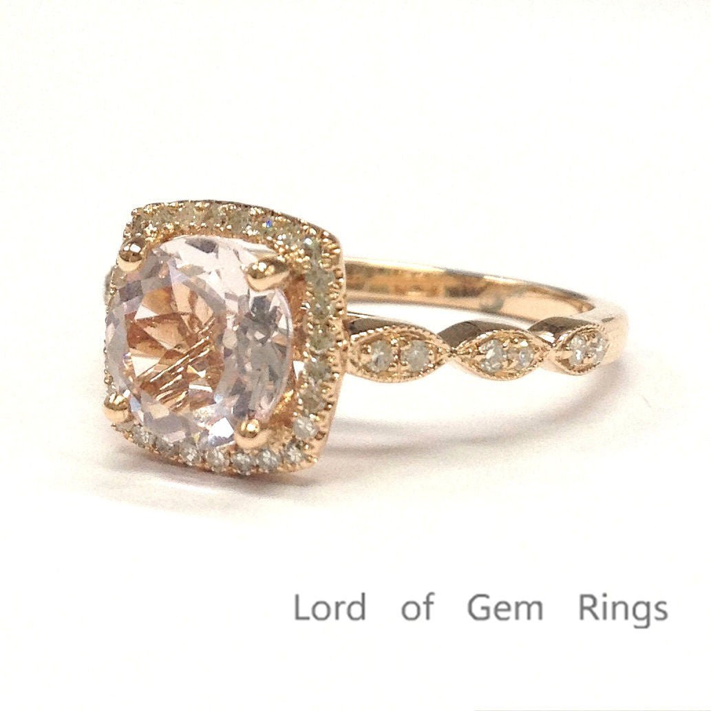 Art Deco Round Morganite Engagement Ring Diamond Cushion Halo 14K Rose Gold - Lord of Gem Rings