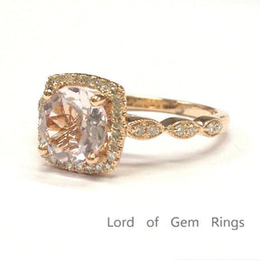 Art Deco Round Morganite Engagement Ring Diamond Cushion Halo 14K Rose Gold - Lord of Gem Rings