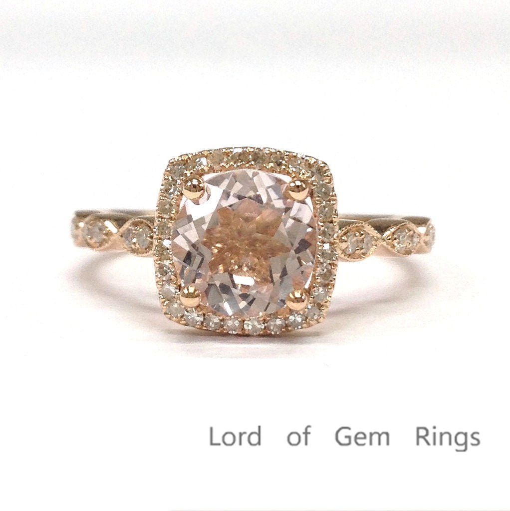 Art Deco Round Morganite Engagement Ring Diamond Cushion Halo 14K Rose Gold - Lord of Gem Rings
