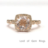 Art Deco Round Morganite Engagement Ring Diamond Cushion Halo 14K Rose Gold - Lord of Gem Rings