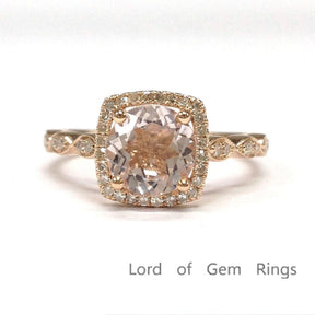 Art Deco Round Morganite Engagement Ring Diamond Cushion Halo 14K Rose Gold - Lord of Gem Rings