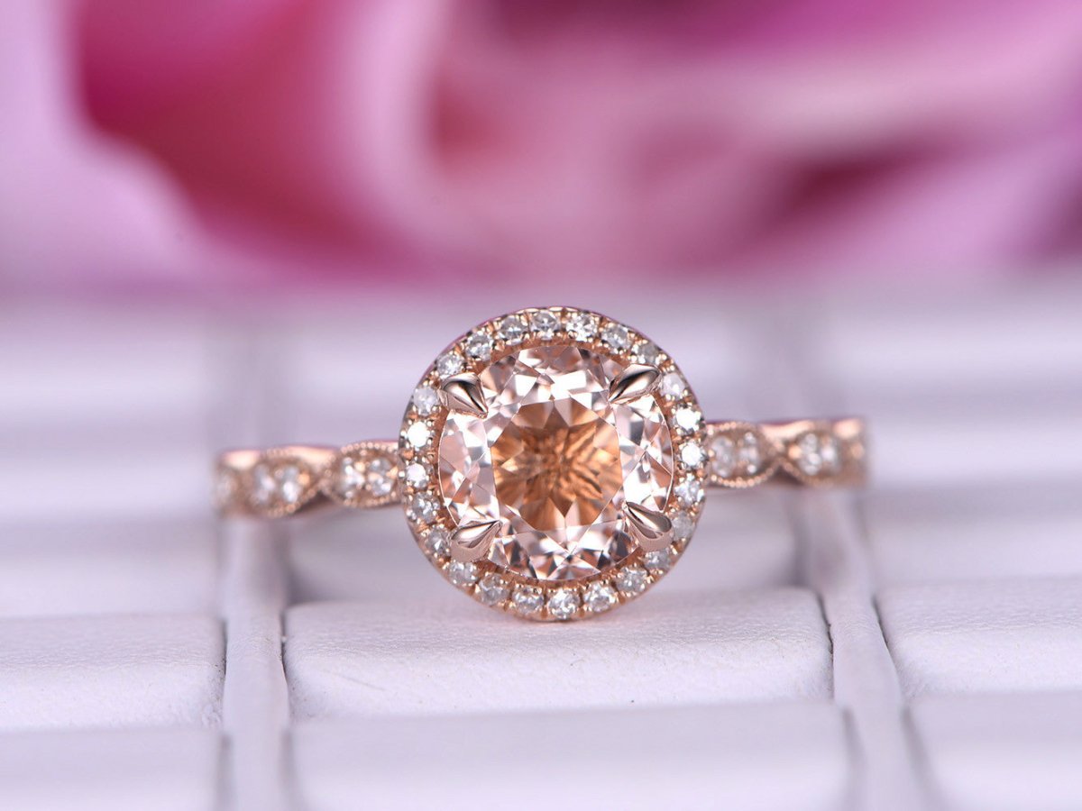 Art Deco Round Morganite Ring Accents Diamond Halo - Lord of Gem Rings