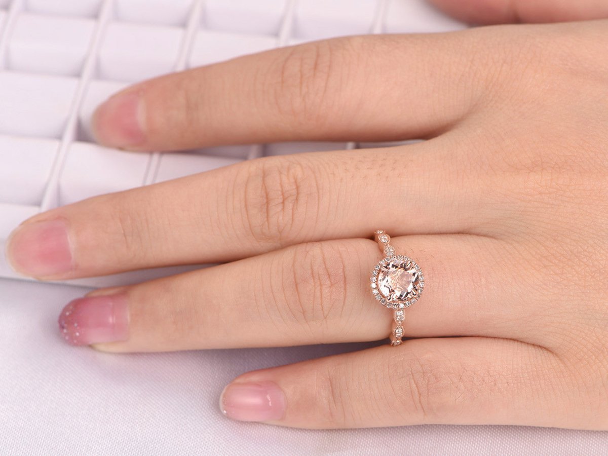 Art Deco Round Morganite Ring Accents Diamond Halo - Lord of Gem Rings
