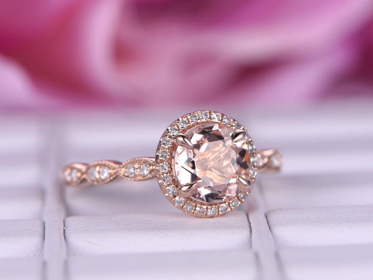 Art Deco Round Morganite Ring Accents Diamond Halo - Lord of Gem Rings