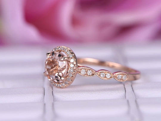 Art Deco Round Morganite Ring Accents Diamond Halo