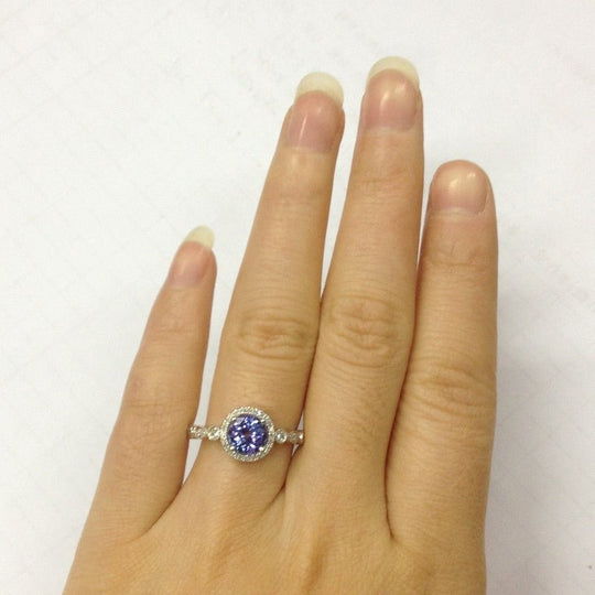 Art Deco Round Tanzanite Diamond Halo Engagement Ring