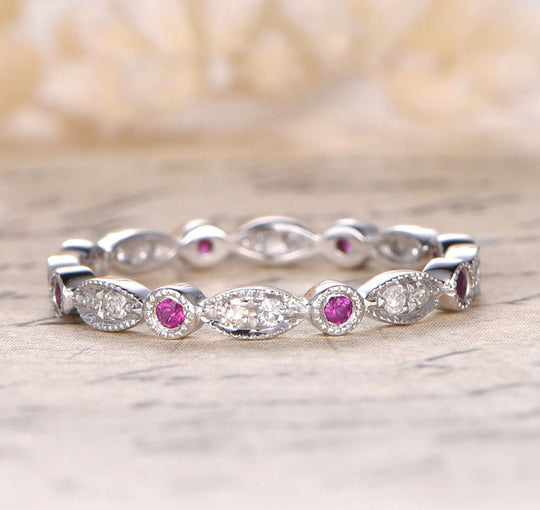 Art Deco Ruby Diamond Eternity July Birthstone Band