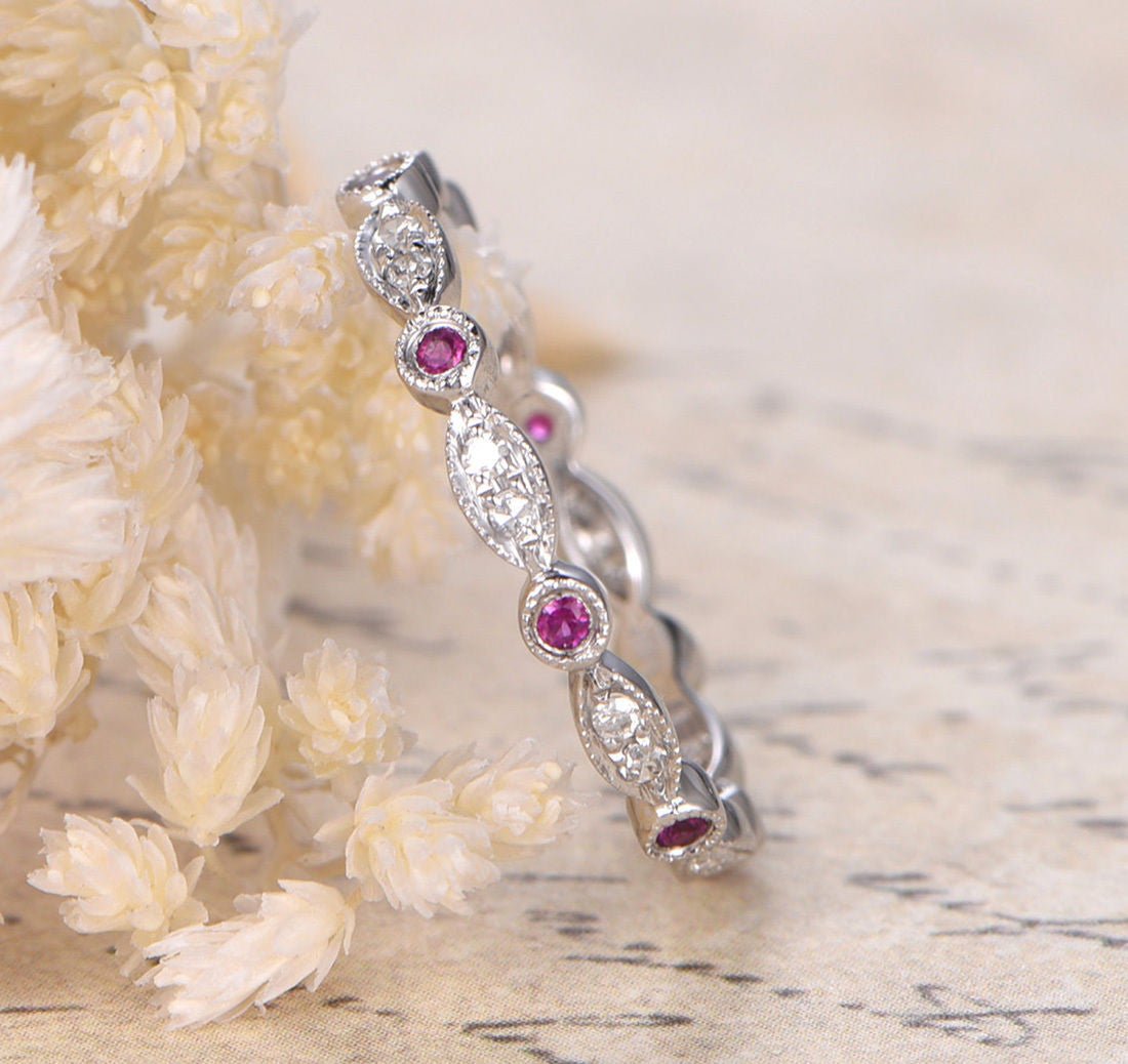 Art Deco Ruby Diamond Eternity July Birthstone Band - Lord of Gem Rings