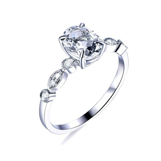 Art Deco Shank Oval White Topaz  Diamond Engagement Ring 14K Gold