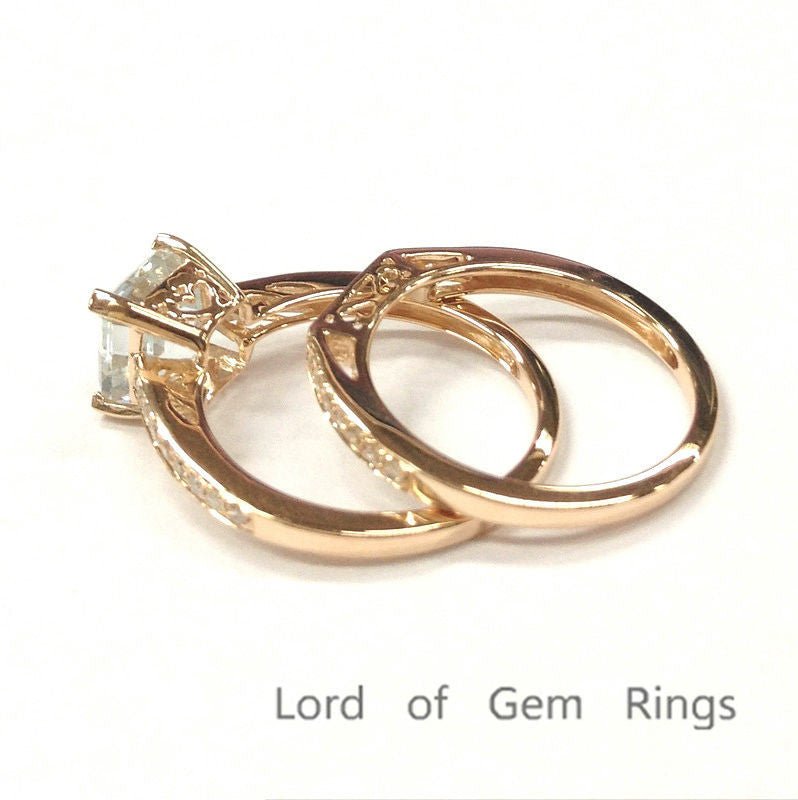 Asscher Aquamarine Diamond Bridal Set 14K Rose Gold - Lord of Gem Rings