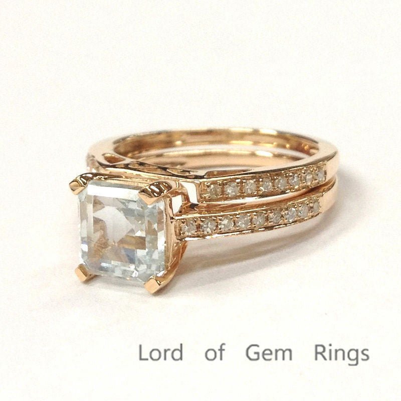 Asscher Aquamarine Diamond Bridal Set 14K Rose Gold - Lord of Gem Rings
