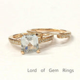 Asscher Aquamarine Diamond Bridal Set 14K Rose Gold - Lord of Gem Rings