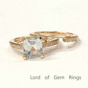 Asscher Aquamarine Diamond Bridal Set 14K Rose Gold - Lord of Gem Rings