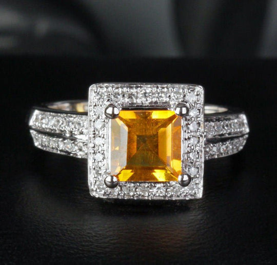 Asscher Citrine Halo Ring with Double Row Diamond Shank