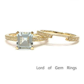 Asscher Cut Aquamarine Diamond Bridal Set in 14K Yellow Gold - Lord of Gem Rings