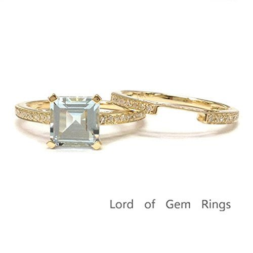 Asscher Cut Aquamarine Diamond Bridal Set in 14K Yellow Gold