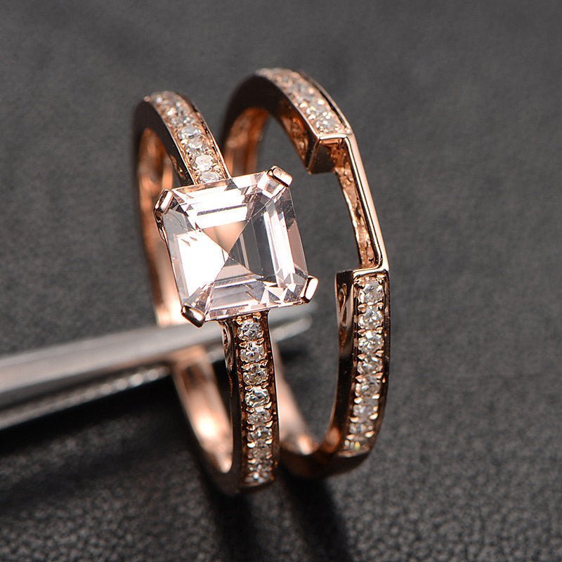 Asscher cut Morganite Wedding Ring Set Contour Diamond Band 14K Rose Gold - Lord of Gem Rings