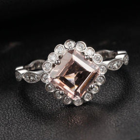 Asscher Morganite Ring Diamond Floral Halo Art Deco Shank 14K White Gold - Lord of Gem Rings