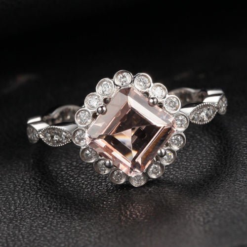 Asscher Morganite Ring Diamond Floral Halo Art Deco Shank 14K White Gold