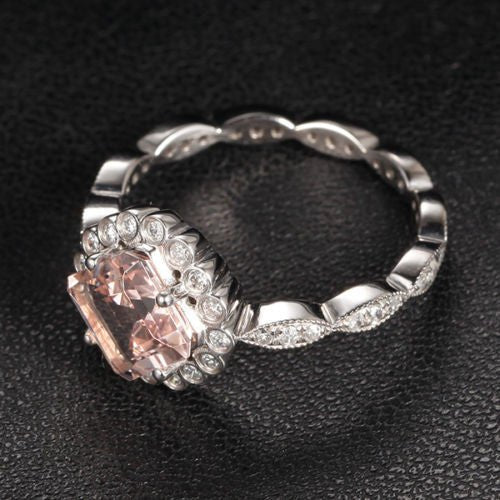 Asscher Morganite Ring Diamond Floral Halo Art Deco Shank 14K White Gold - Lord of Gem Rings