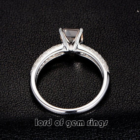 Asscher Morganite Ring Tripe Row Accents 14K White Gold - Lord of Gem Rings