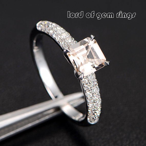Asscher Morganite Ring Tripe Row Accents 14K White Gold - Lord of Gem Rings